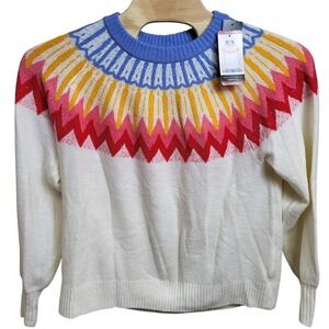 French Connection Essentials XL Fair Isle Sweater Ivory Blue‎ Yellow Red NWT